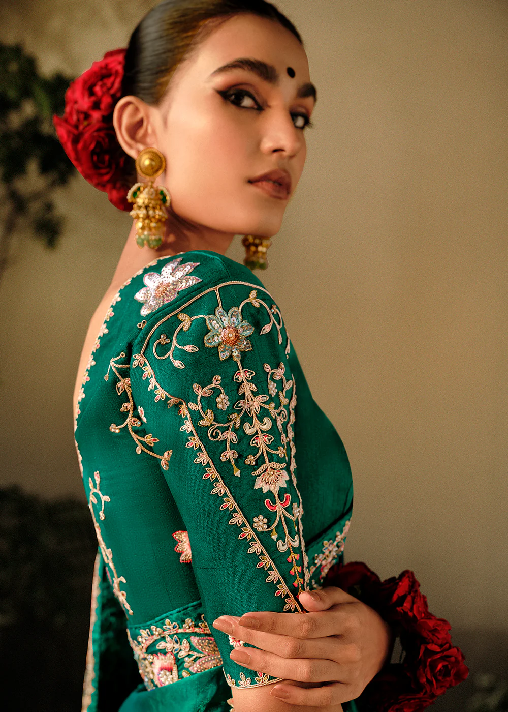 Rama Green Khatli Work Embroidered Designer Wedding Saree - Image 4
