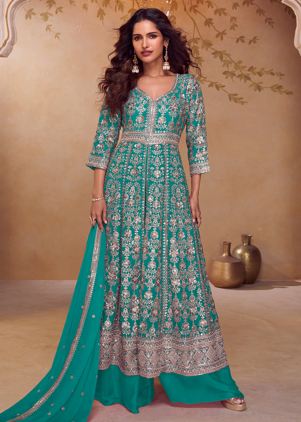 Rama Green Long Top Style Designer Palazzo Suit