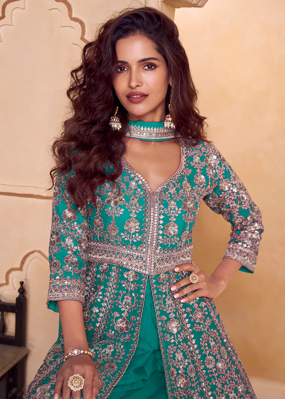 Rama Green Long Top Style Designer Palazzo Suit - Image 2