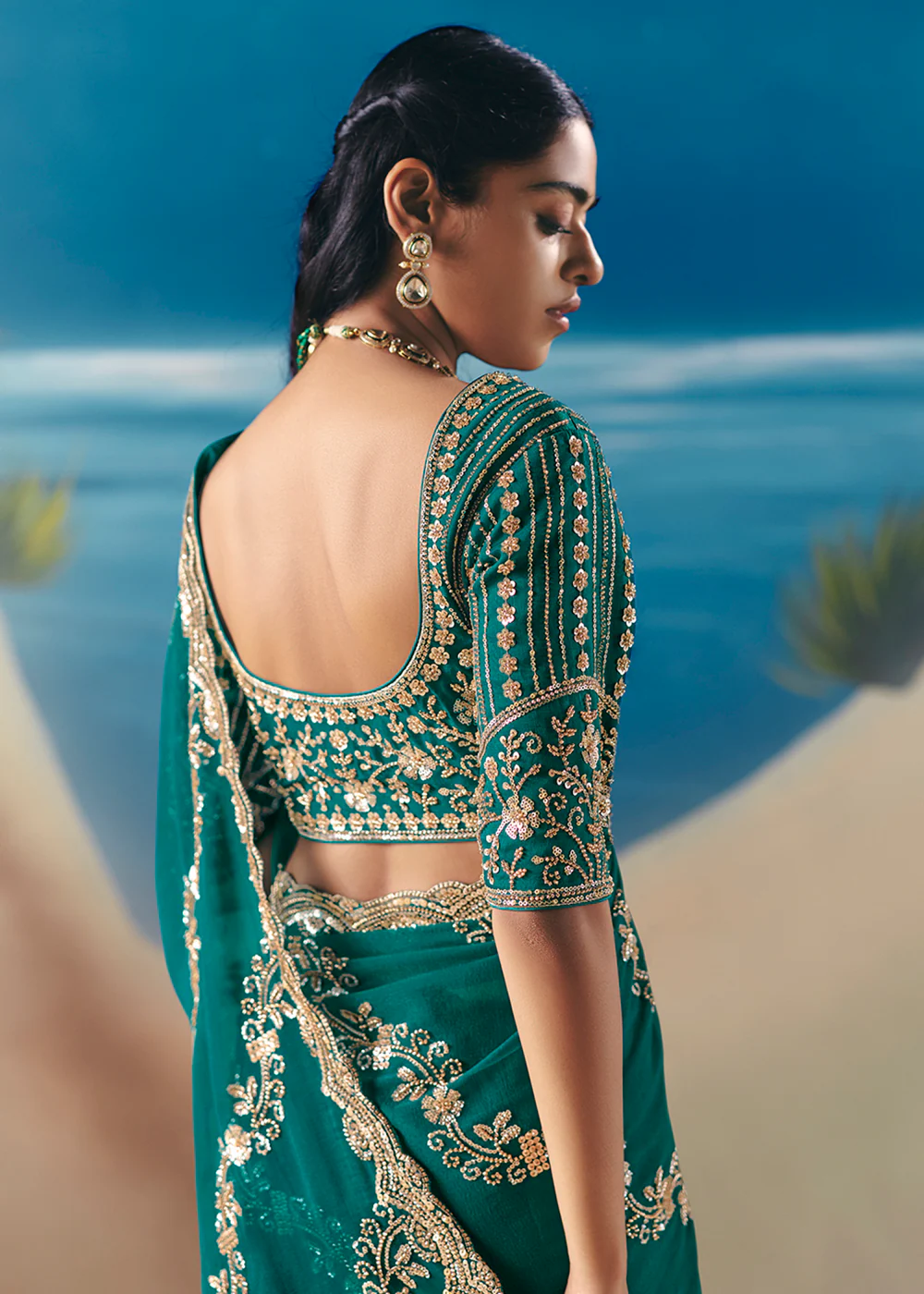 Rama Green Satin Organza Fancy Designer Saree - Image 3
