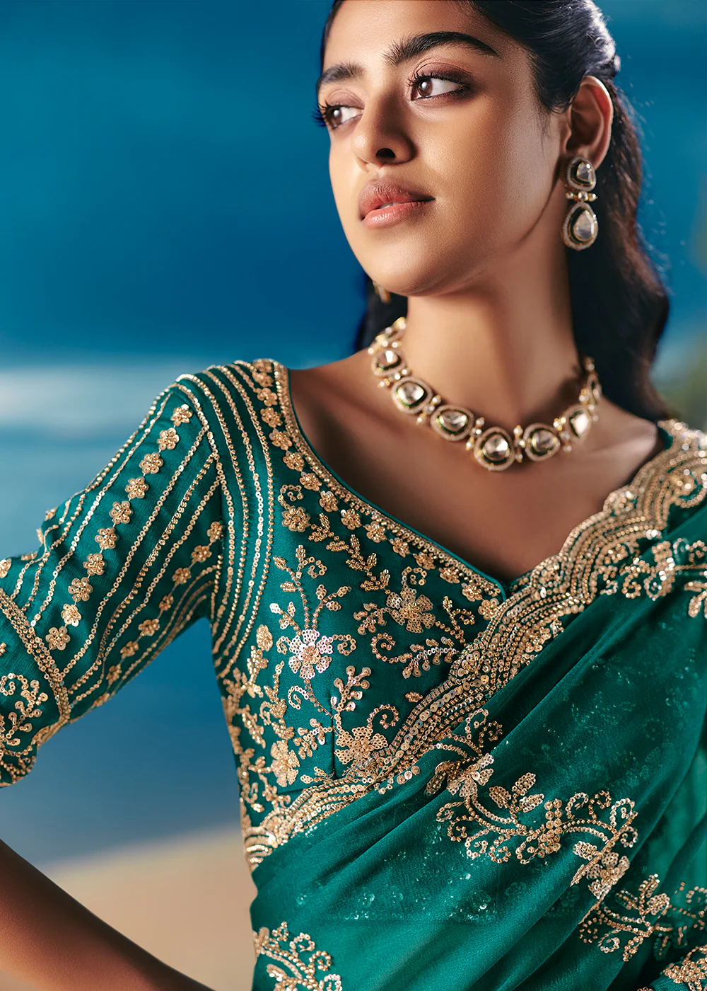Rama Green Satin Organza Fancy Designer Saree - Image 4