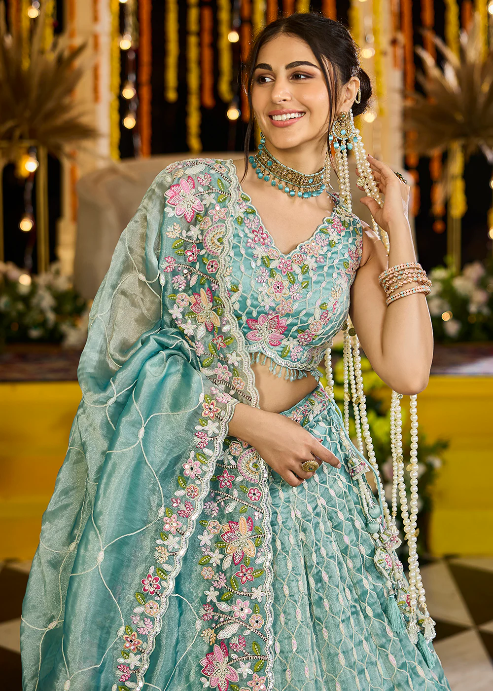 Rama Green Satin Silk Sequins & Cording Wedding Lehenga Choli - Image 2