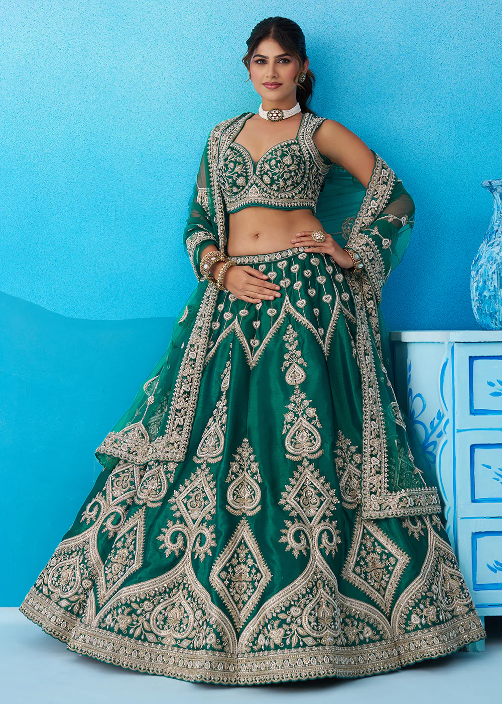 Rama Green Silk Cording Threads Designer Lehenga Choli