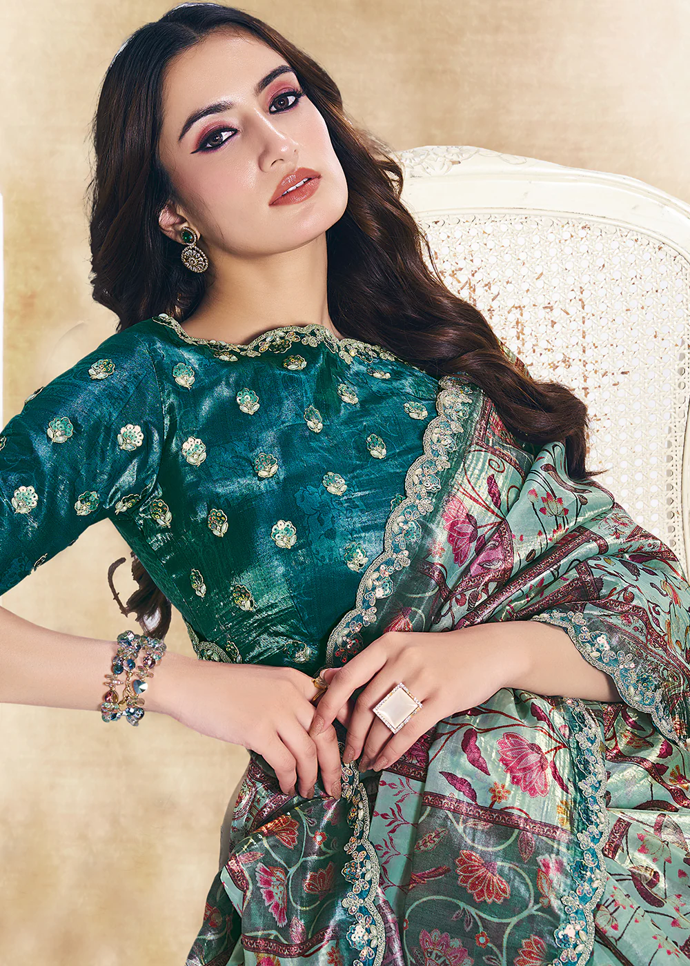 Rama Green Two Tone Satin Silk Printed & Embroidered Festive Saree - Image 2