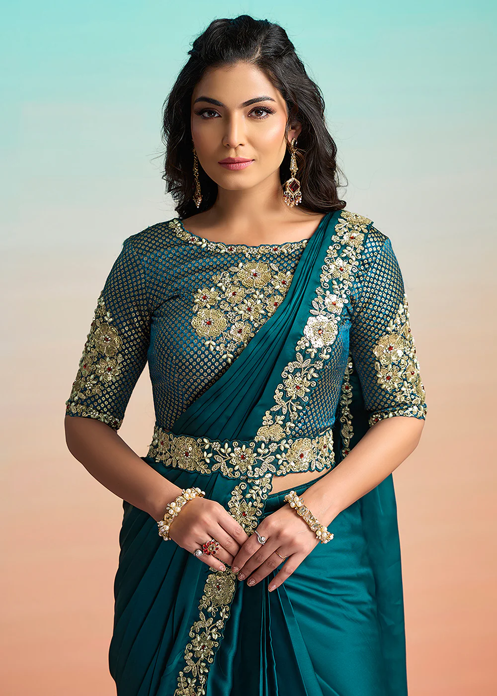 Rama Green Wedding Party Ready to Wear Saree - Image 2