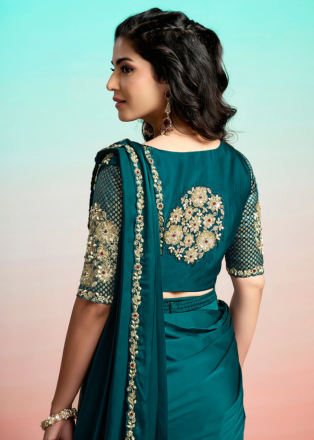 Rama Green Wedding Party Ready to Wear Saree - Image 3