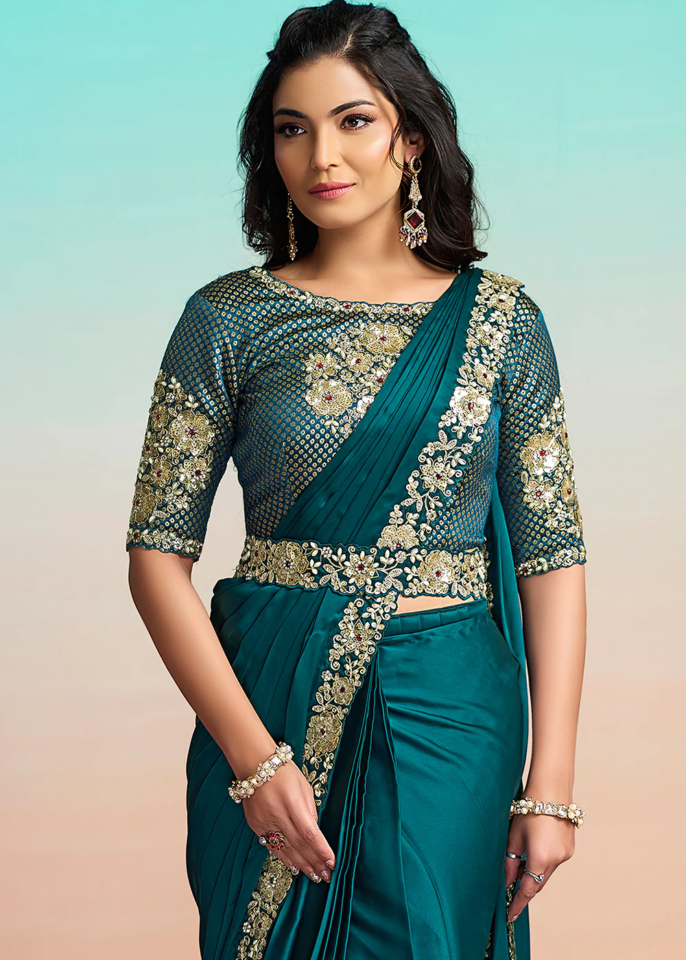 Rama Green Wedding Party Ready to Wear Saree - Image 4