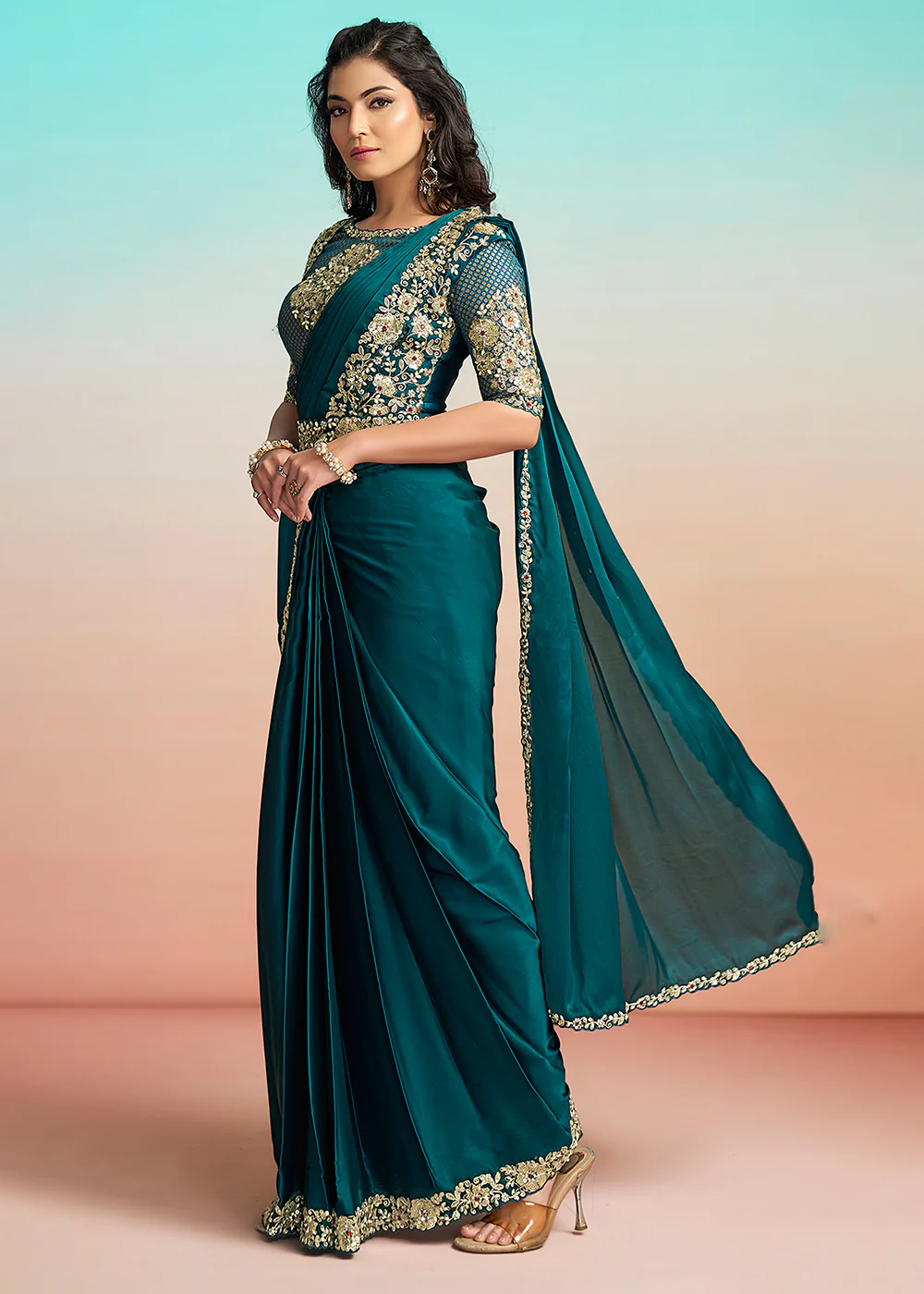Rama Green Wedding Party Ready to Wear Saree - Image 5