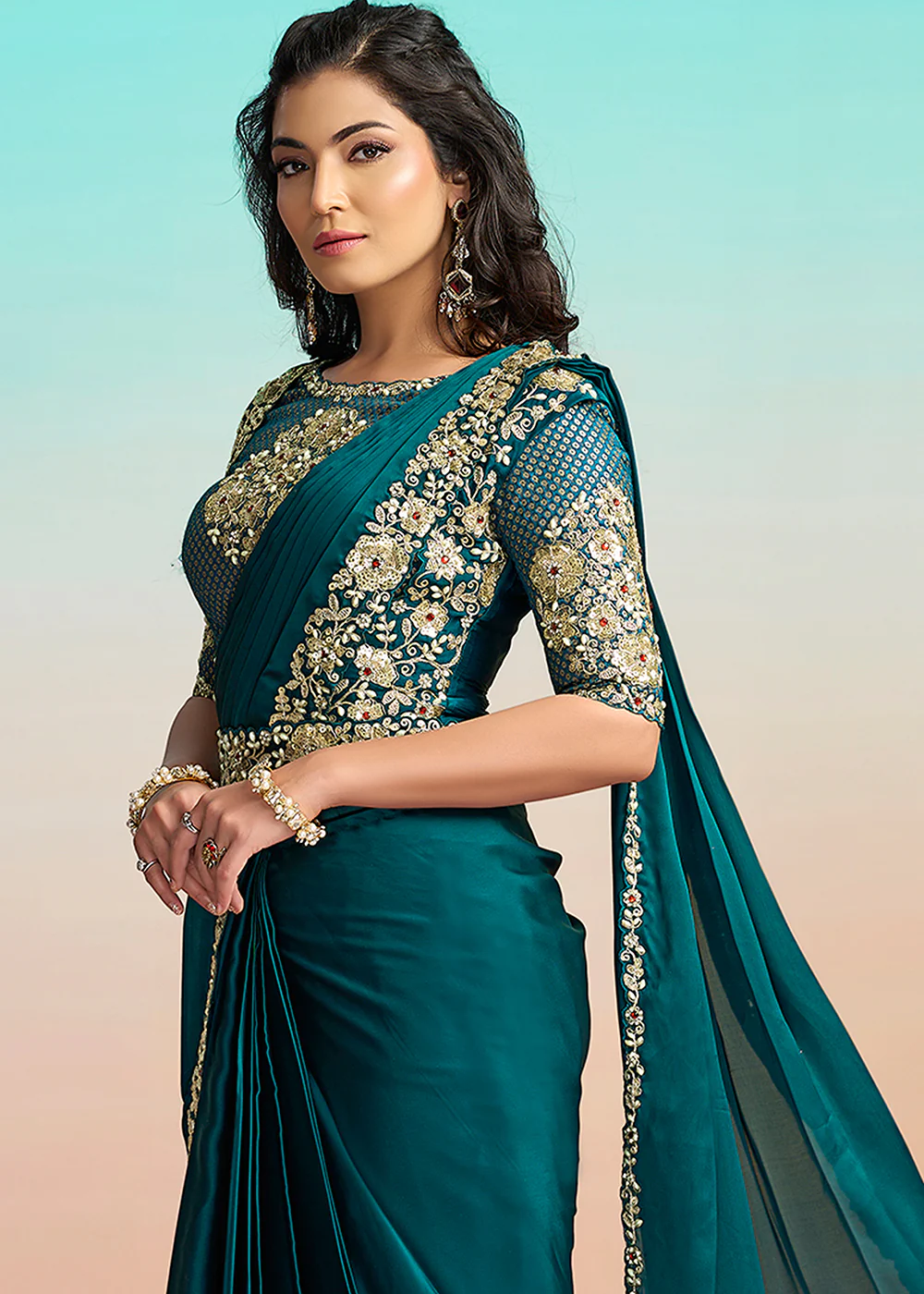 Rama Green Wedding Party Ready to Wear Saree - Image 6