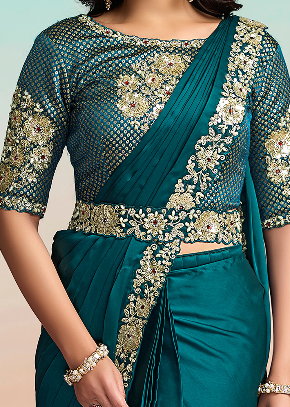 Rama Green Wedding Party Ready to Wear Saree - Image 7