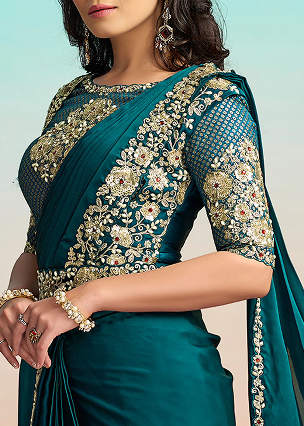 Rama Green Wedding Party Ready to Wear Saree - Image 8