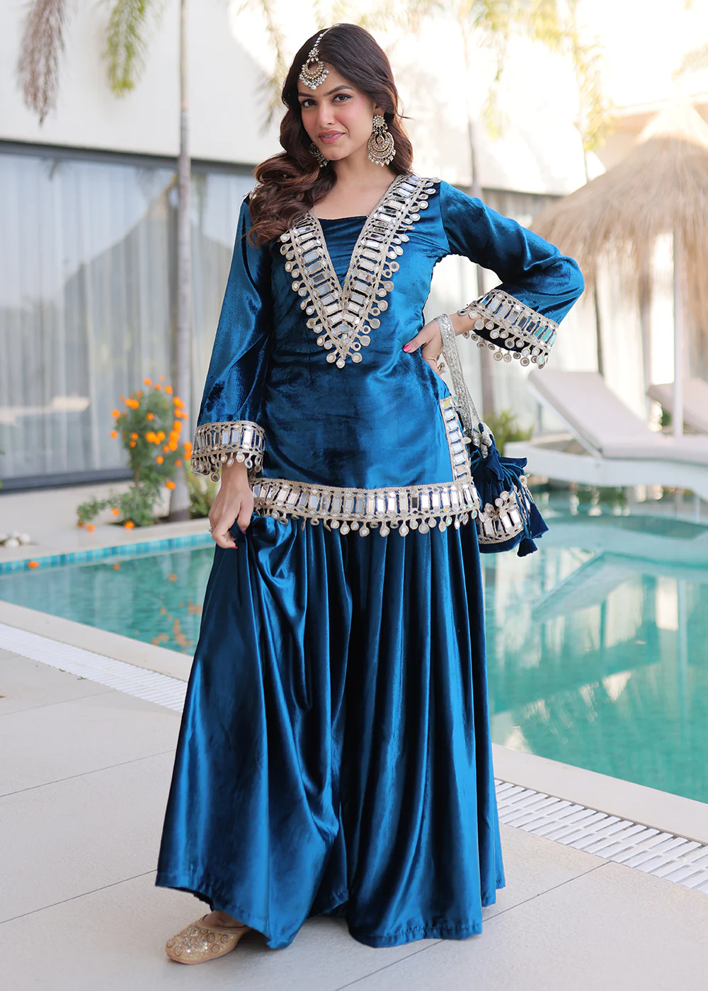 Rama Ice Velvet Mirror Work Palazzo Kurta Set - Image 7