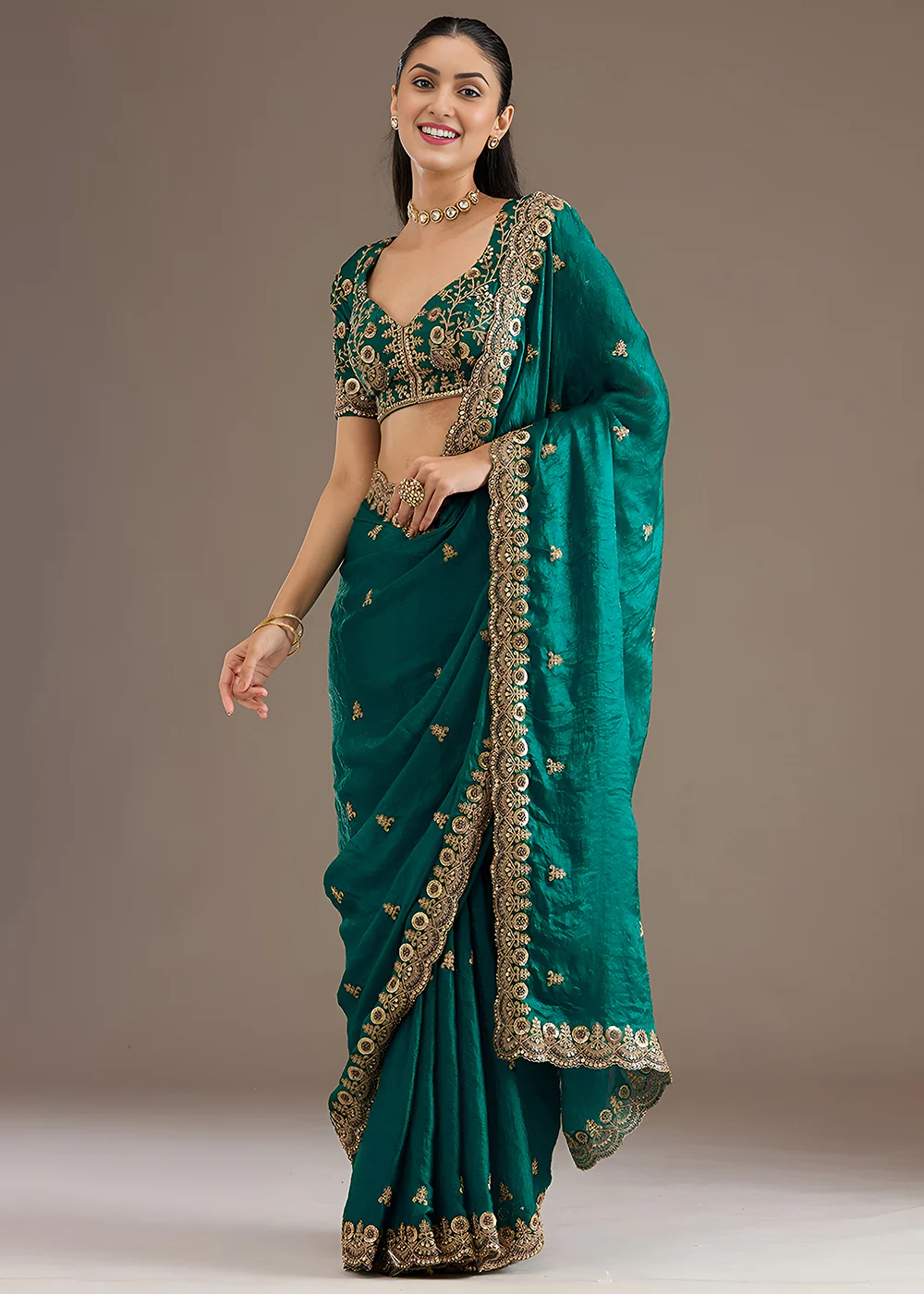Rama Multiple Sequins Embroidered Wedding Saree