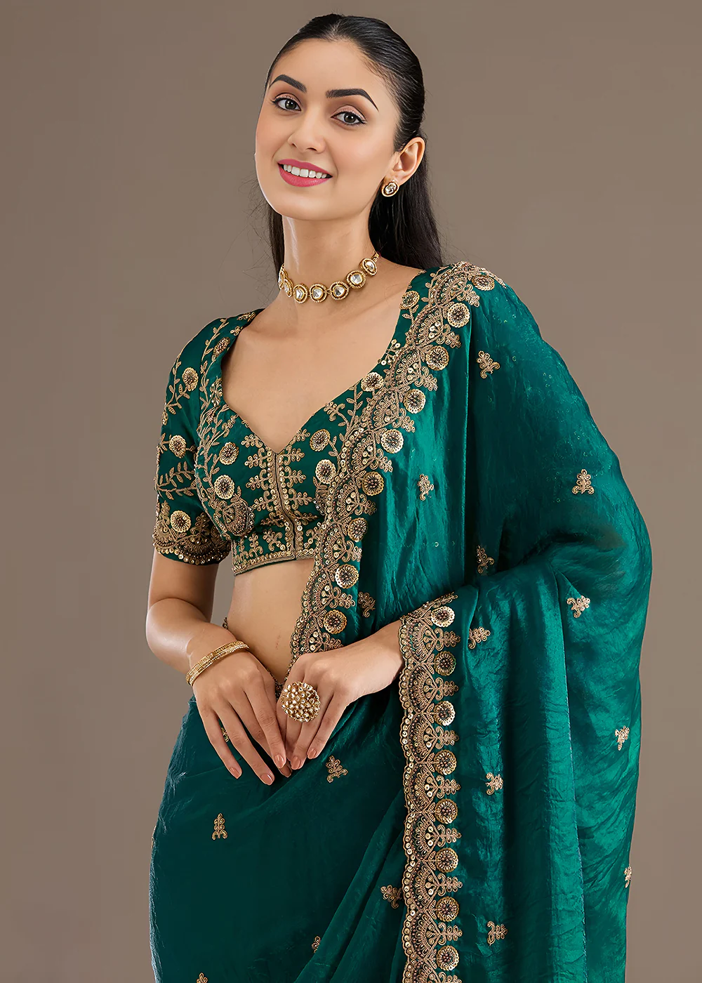 Rama Multiple Sequins Embroidered Wedding Saree - Image 2