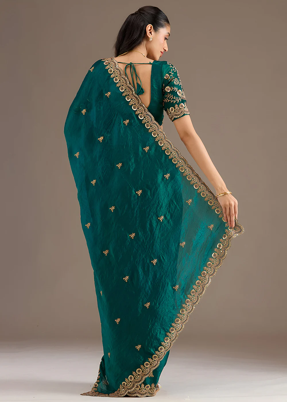 Rama Multiple Sequins Embroidered Wedding Saree - Image 3