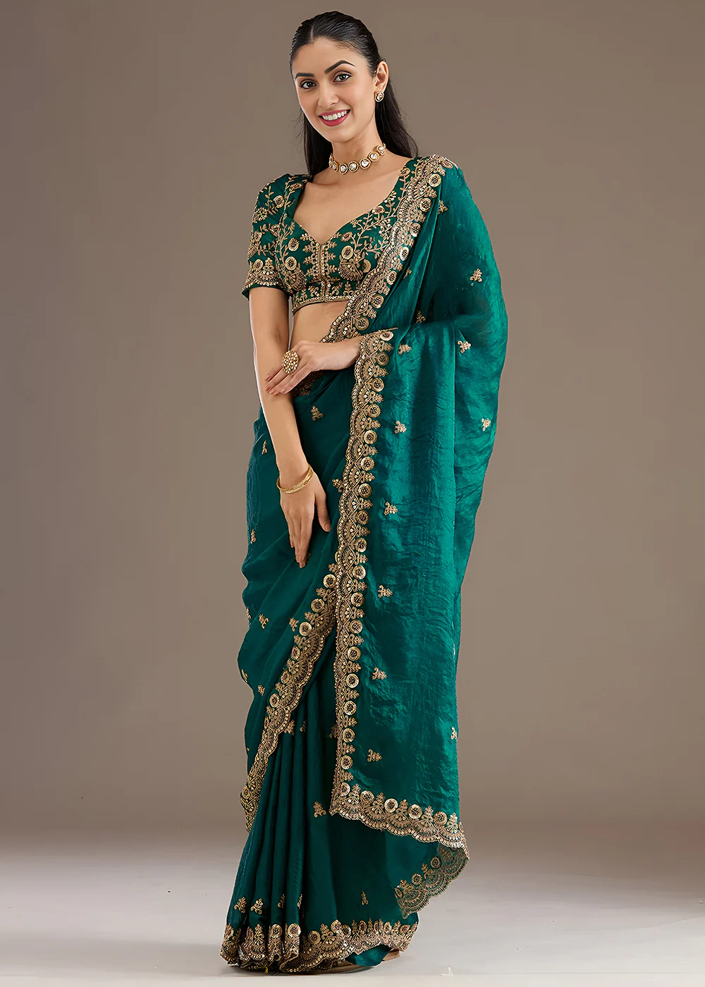 Rama Multiple Sequins Embroidered Wedding Saree - Image 5