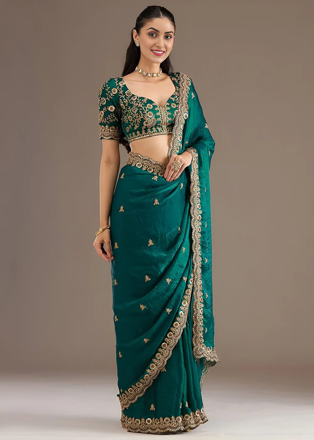 Rama Multiple Sequins Embroidered Wedding Saree - Image 6