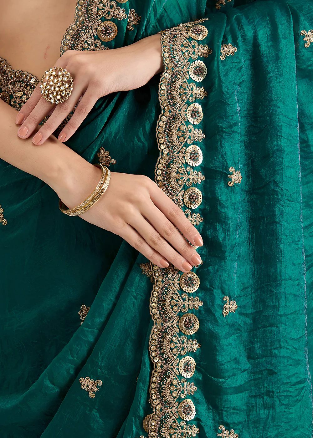 Rama Multiple Sequins Embroidered Wedding Saree - Image 7