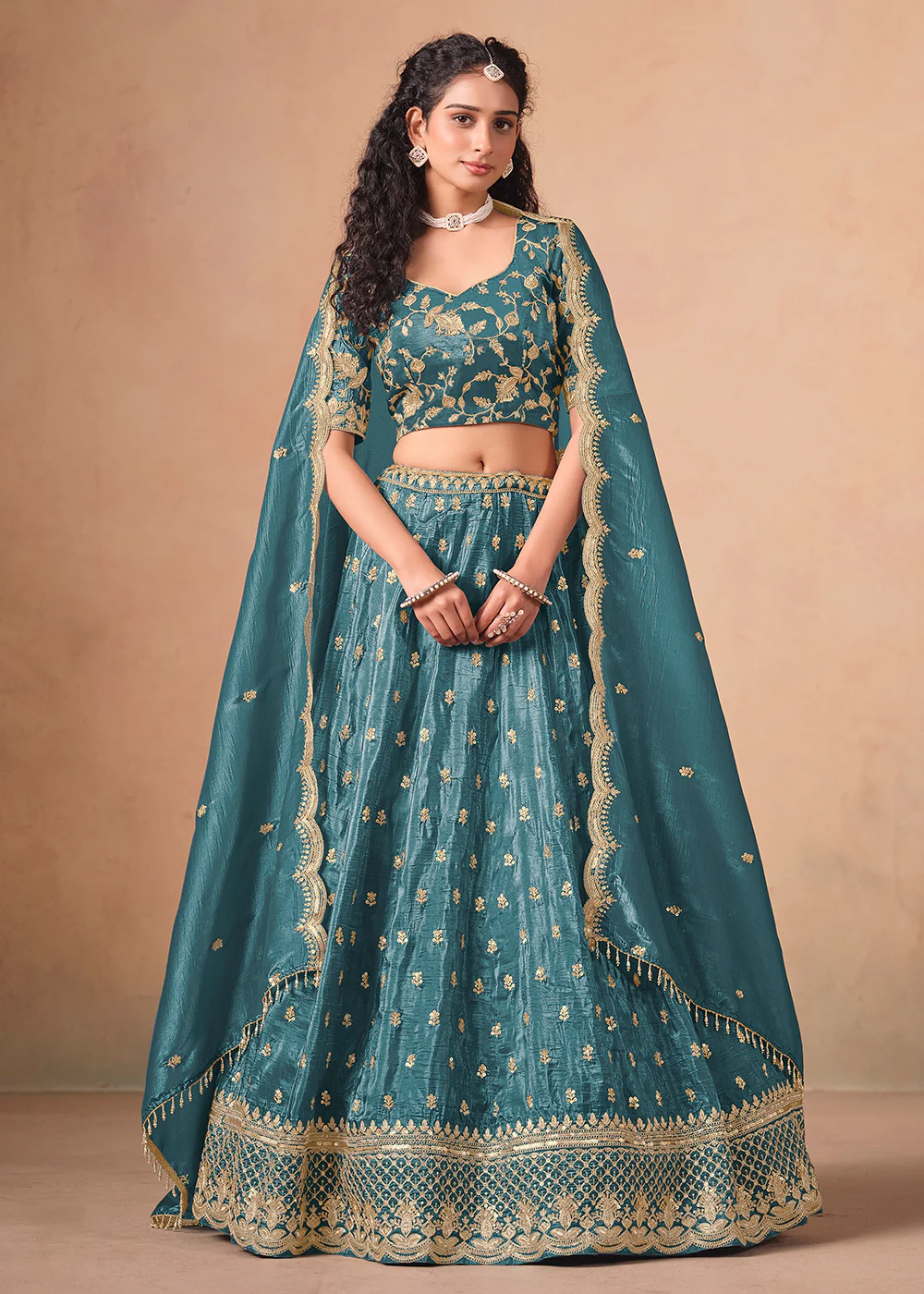 Rama Organza Crushed Embroidered Lehenga Choli