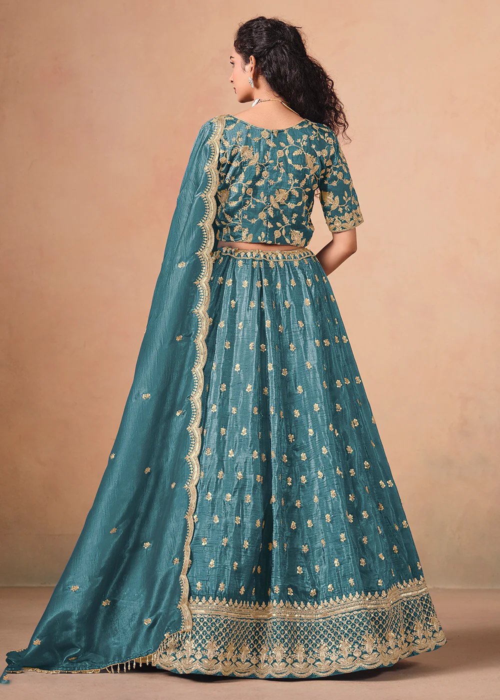 Rama Organza Crushed Embroidered Lehenga Choli - Image 3