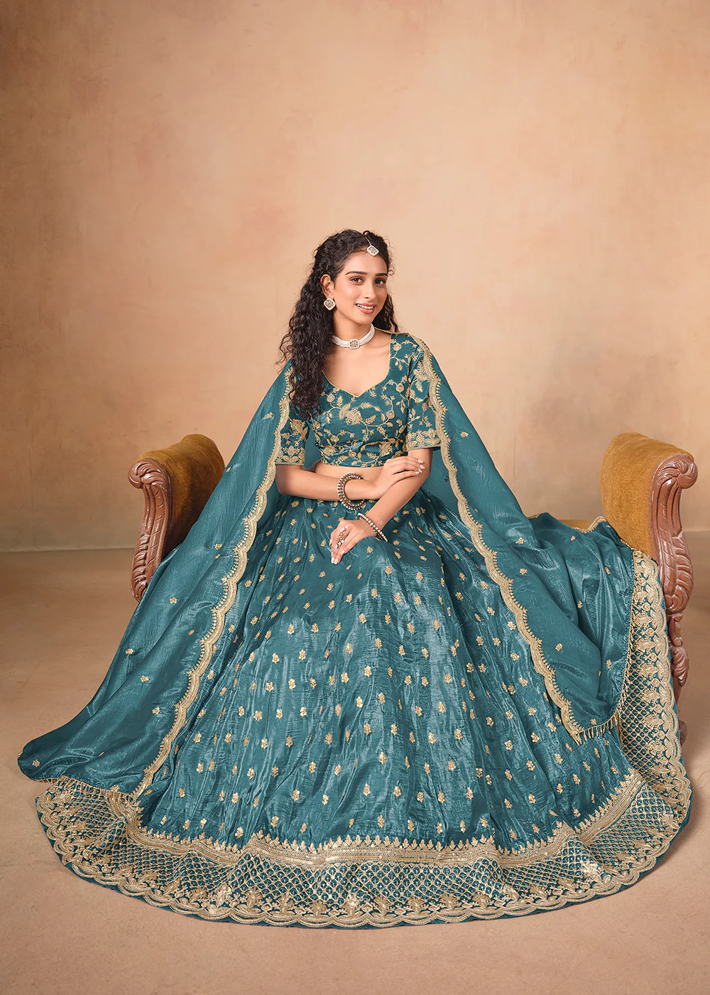 Rama Organza Crushed Embroidered Lehenga Choli - Image 4