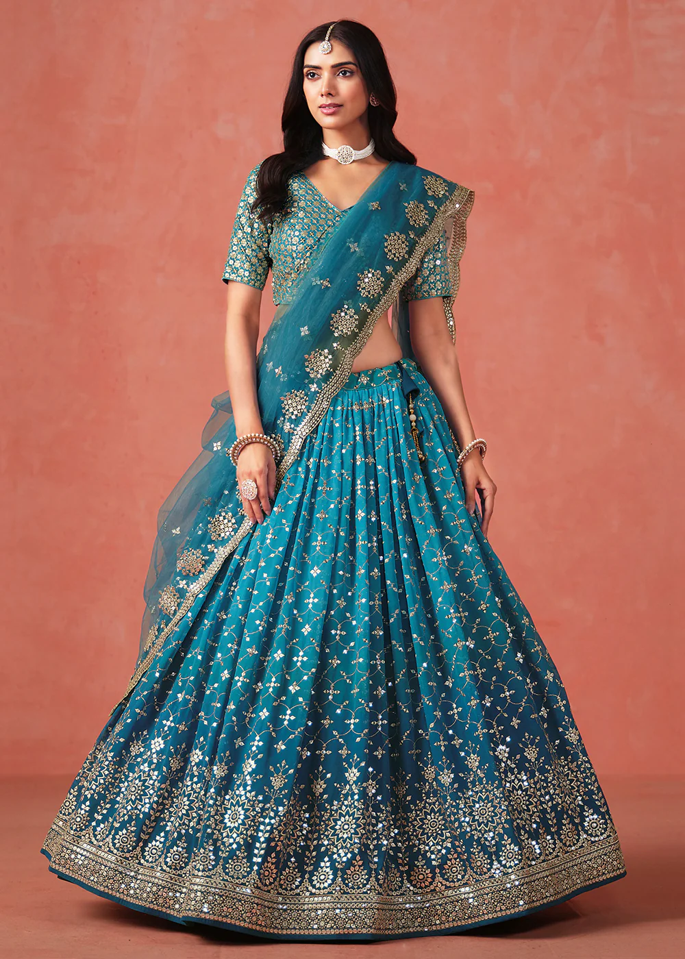 Rama Sequins & Zari Embroidered Wedding Lehenga Choli