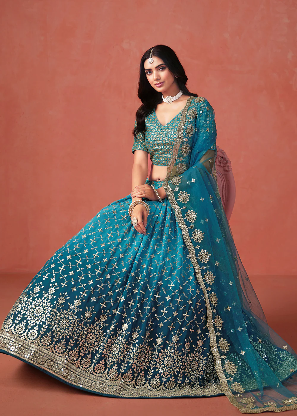 Rama Sequins & Zari Embroidered Wedding Lehenga Choli - Image 4