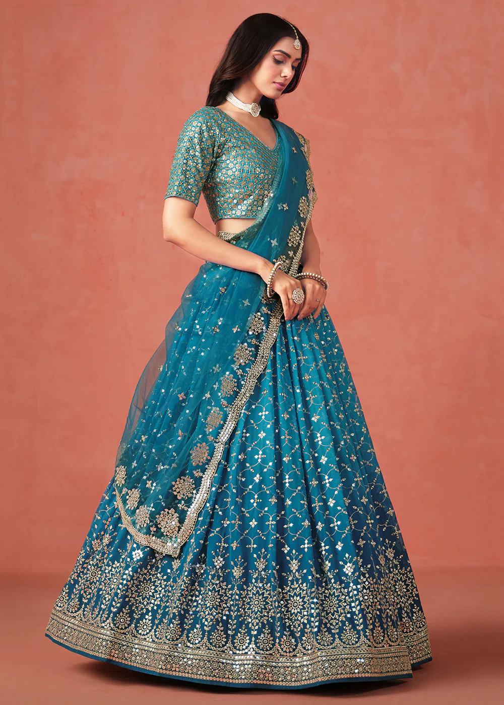 Rama Sequins & Zari Embroidered Wedding Lehenga Choli - Image 6
