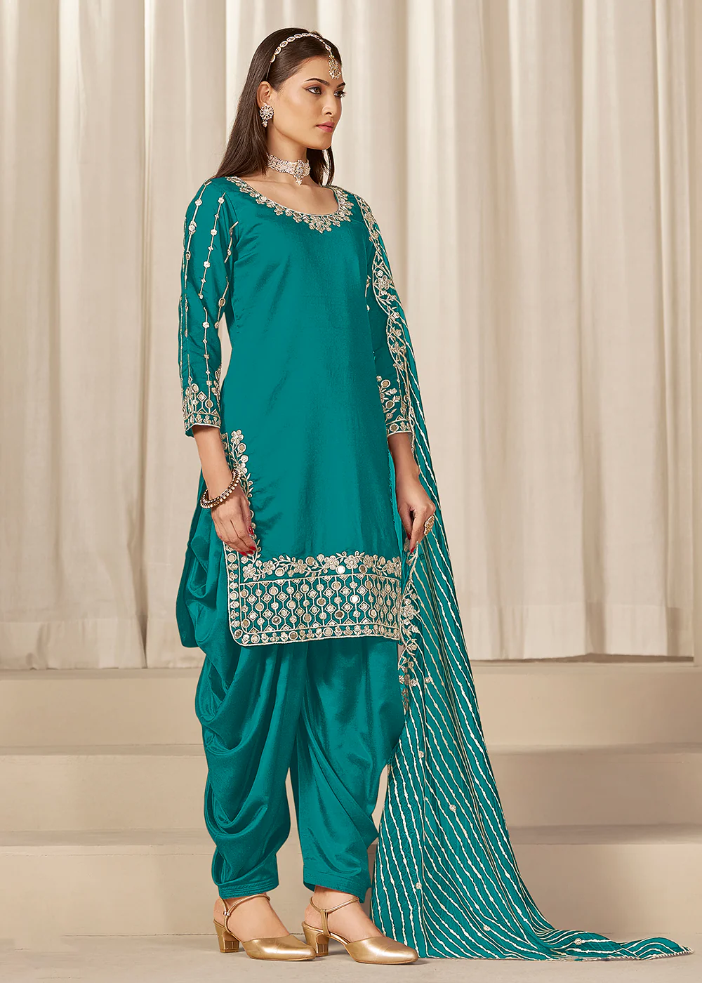 Rama Silk Embroidered Patiala Punjabi Style Suit - Image 3