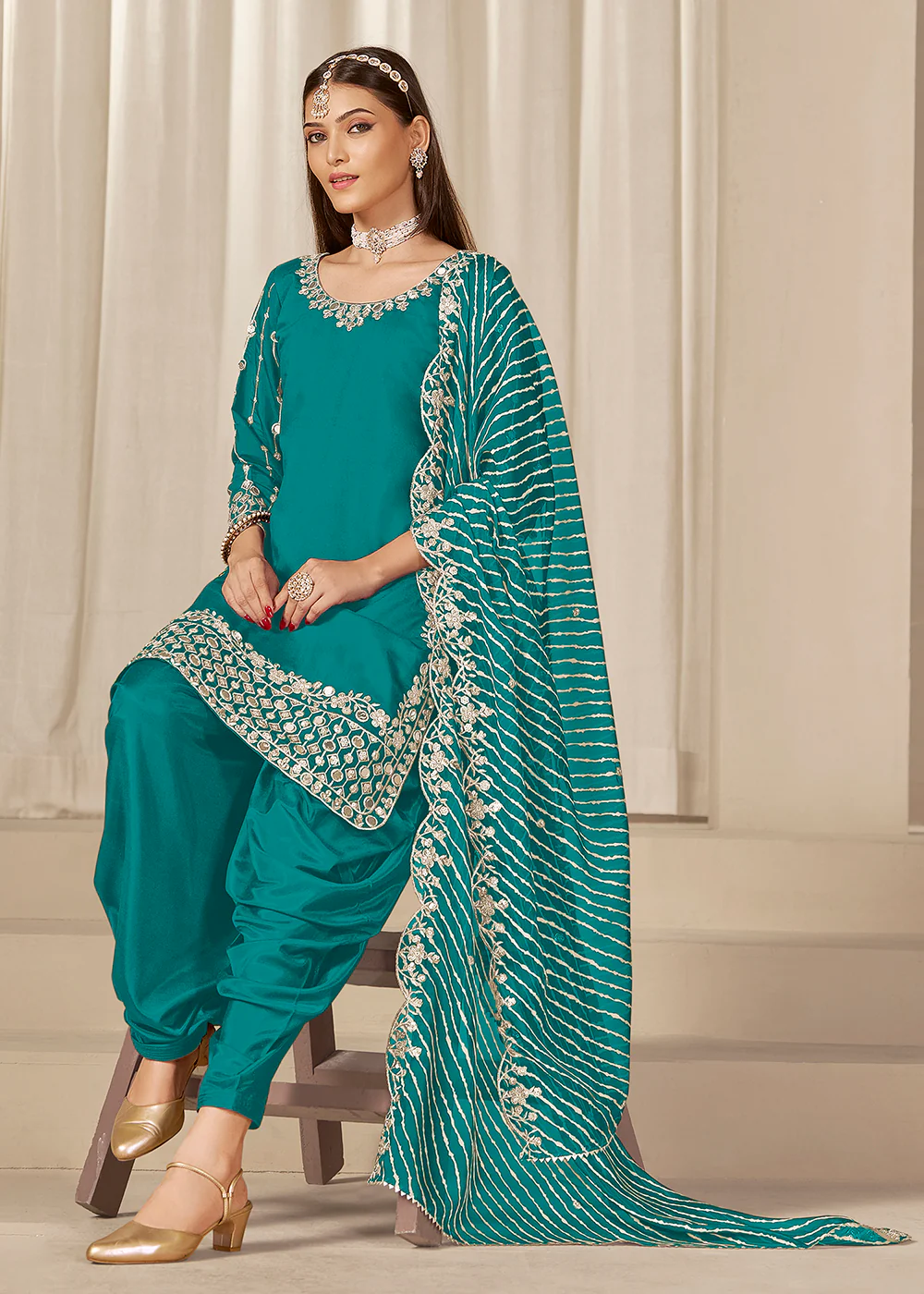 Rama Silk Embroidered Patiala Punjabi Style Suit - Image 4