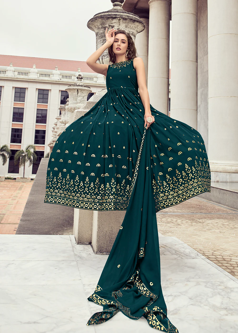 Rama Teal Georgette Thread & Sequins Wedding Party Gown - Image 2