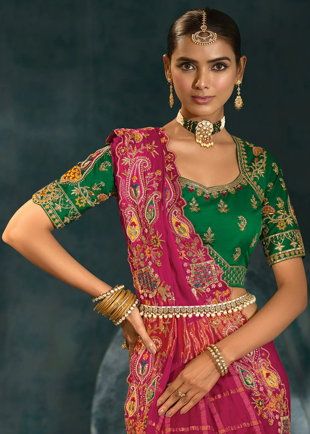 Rani Cut Dana & Mirror Work Designer Saree - Image 2