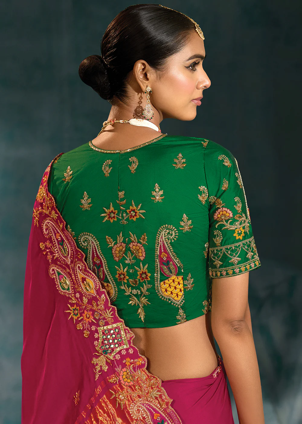 Rani Cut Dana & Mirror Work Designer Saree - Image 3