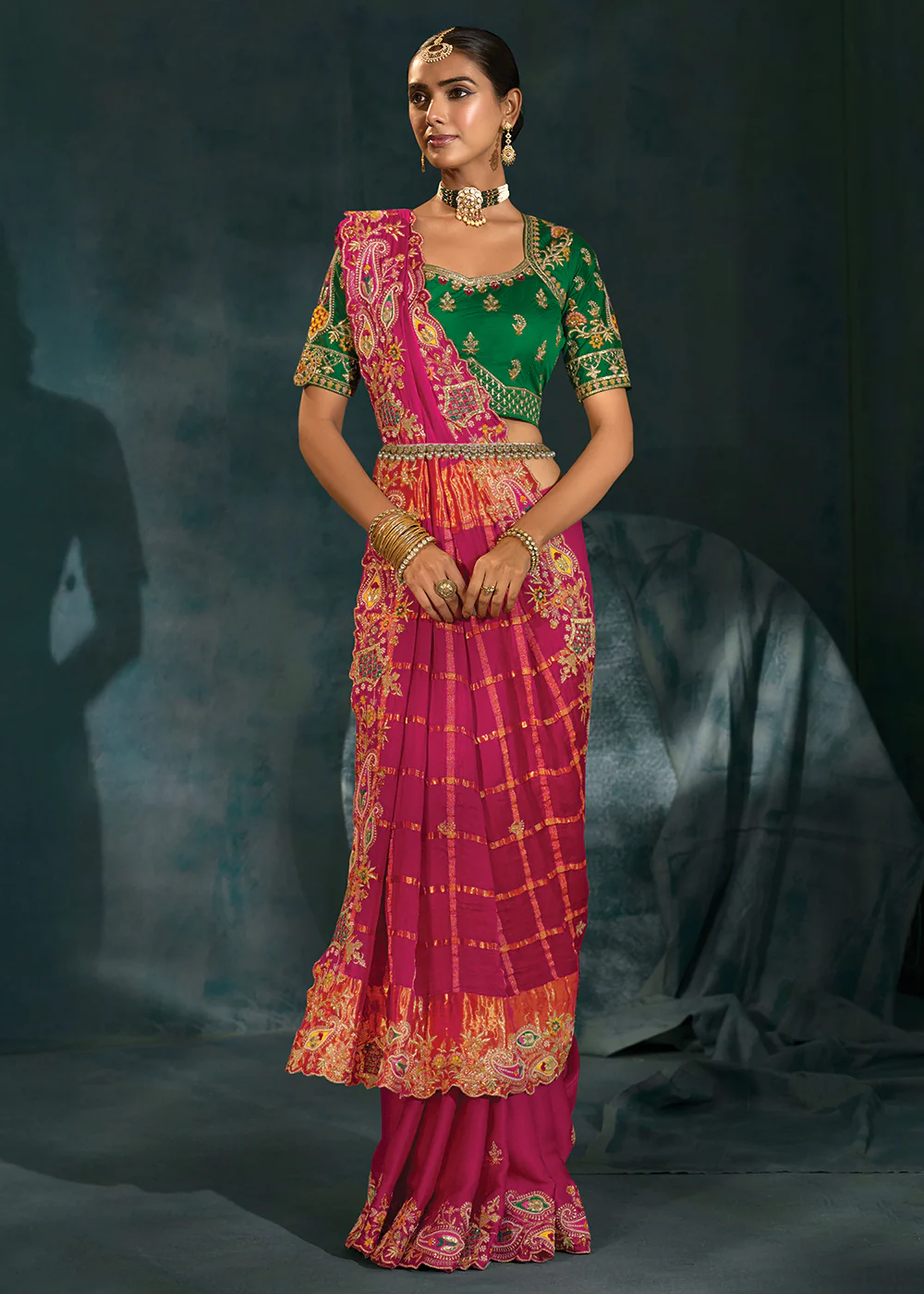 Rani Cut Dana & Mirror Work Designer Saree - Image 4