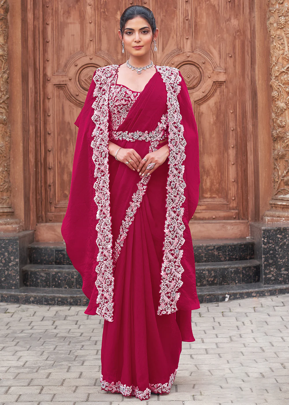 Rani Embroidered Designer Ready to Wear Saree