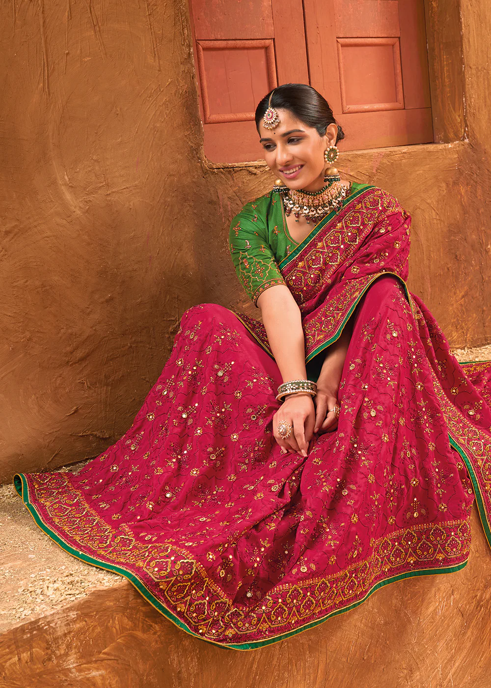 Rani Hand Work Embroidered Traditional Banarasi Silk Saree - Image 3