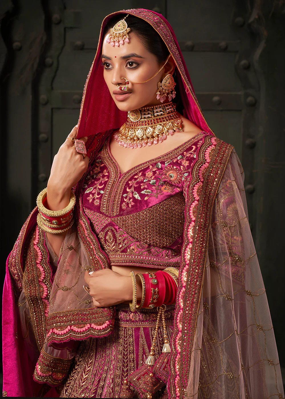 Rani & Maroon Premium Lycra Velvet Bridal Lehenga Choli - Image 2