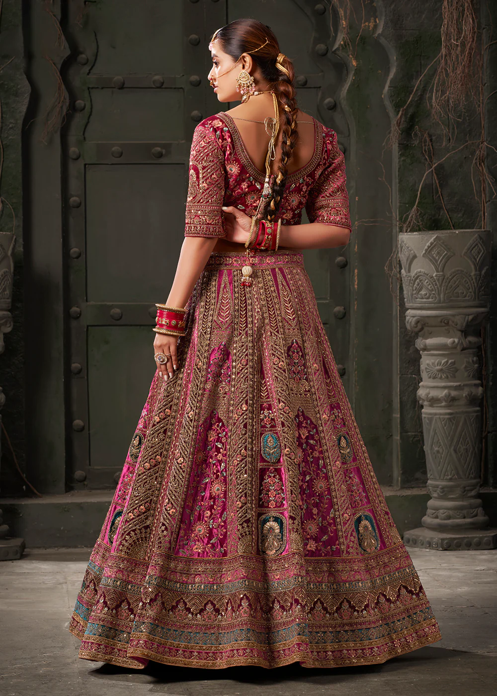 Rani & Maroon Premium Lycra Velvet Bridal Lehenga Choli - Image 3
