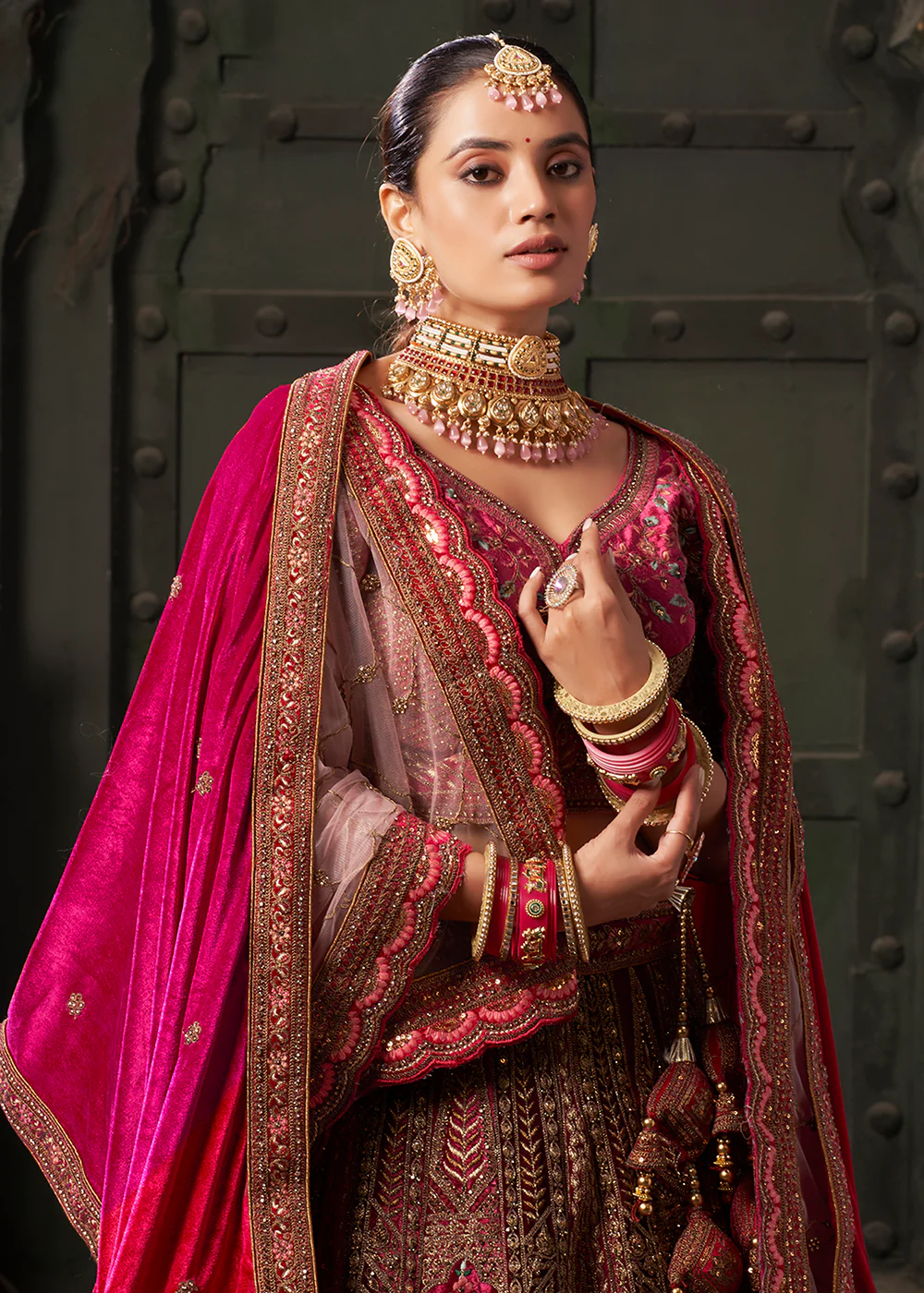 Rani & Maroon Premium Lycra Velvet Bridal Lehenga Choli - Image 4