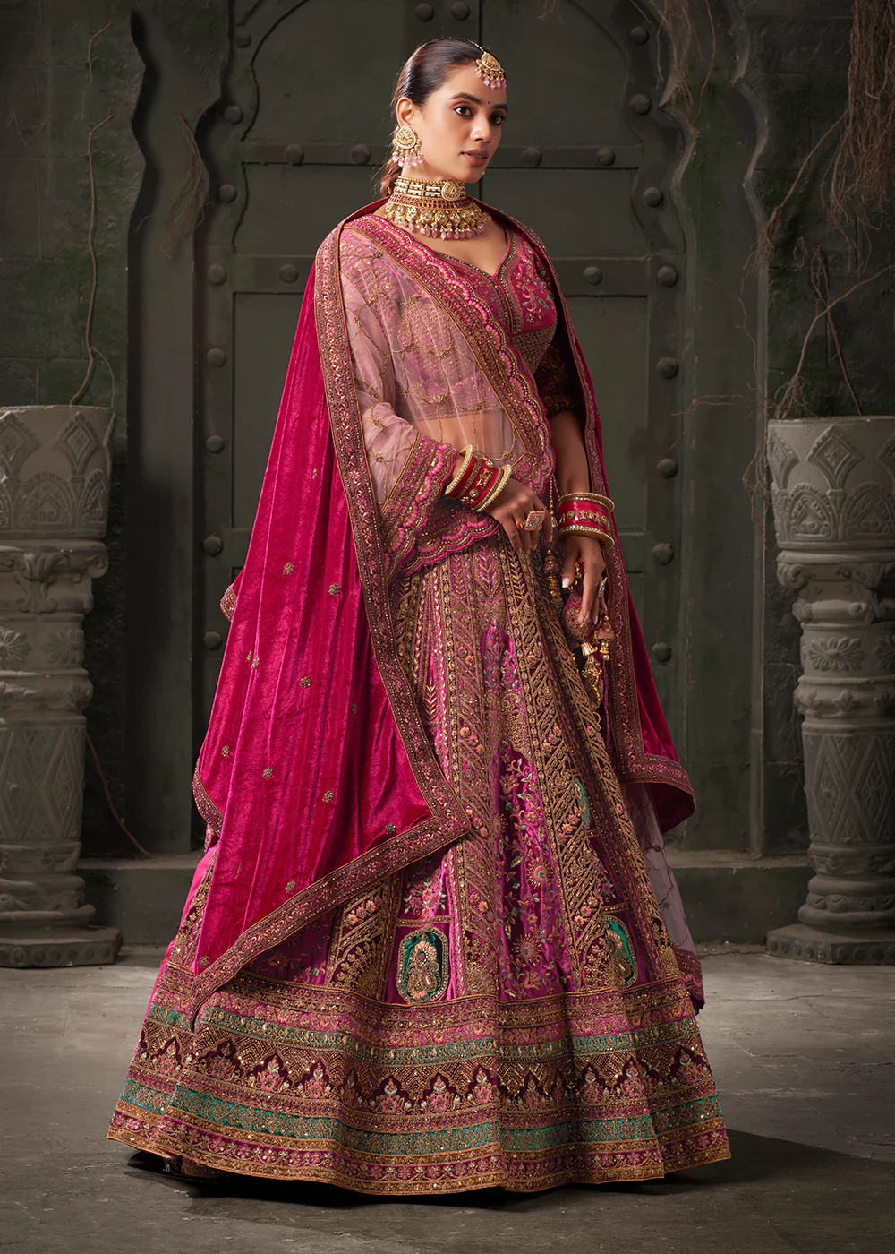 Rani & Maroon Premium Lycra Velvet Bridal Lehenga Choli - Image 5
