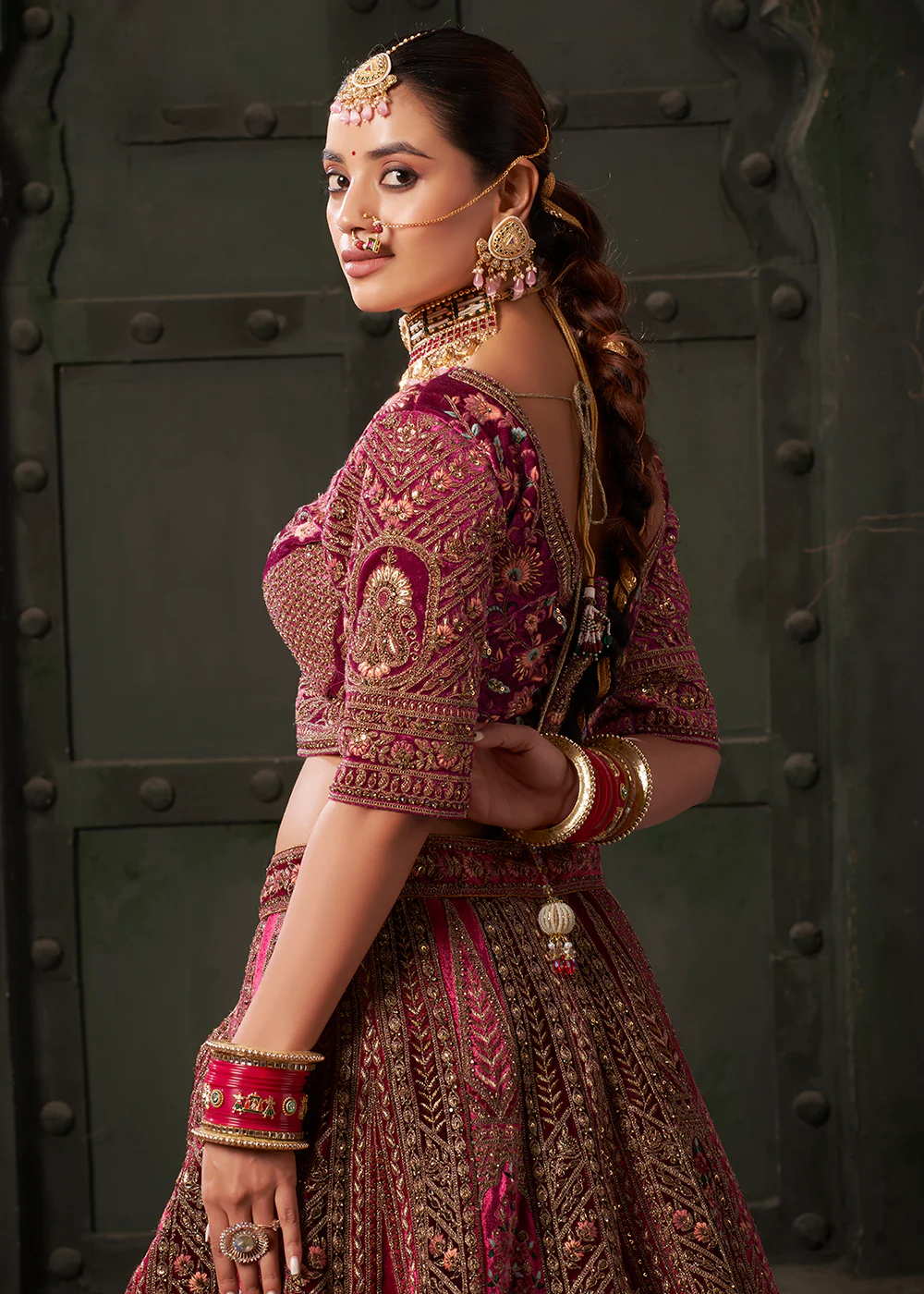 Rani & Maroon Premium Lycra Velvet Bridal Lehenga Choli - Image 6