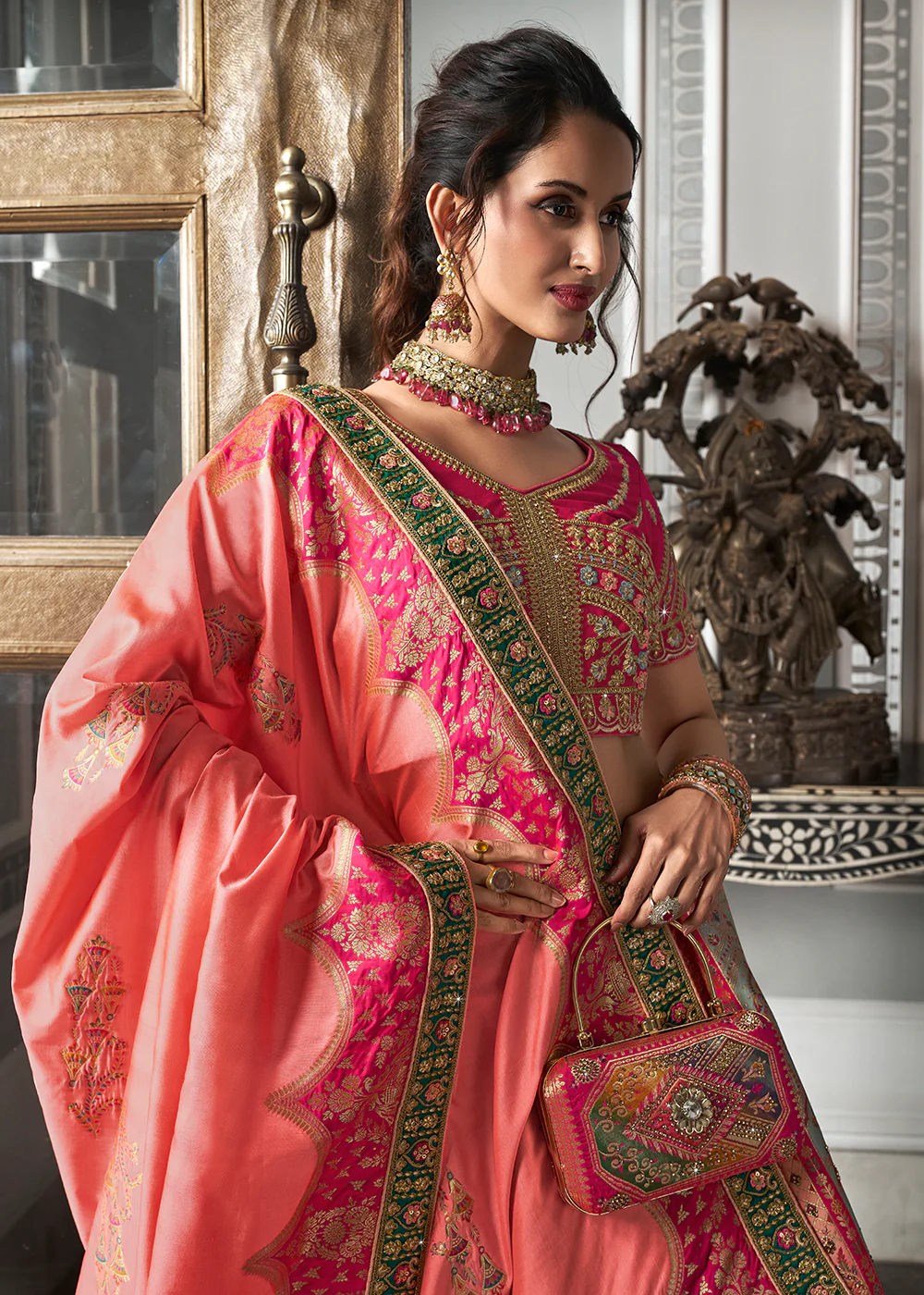 Rani Multicolor Banarasi Silk Embroidered Bridal Lehenga Choli - Image 2