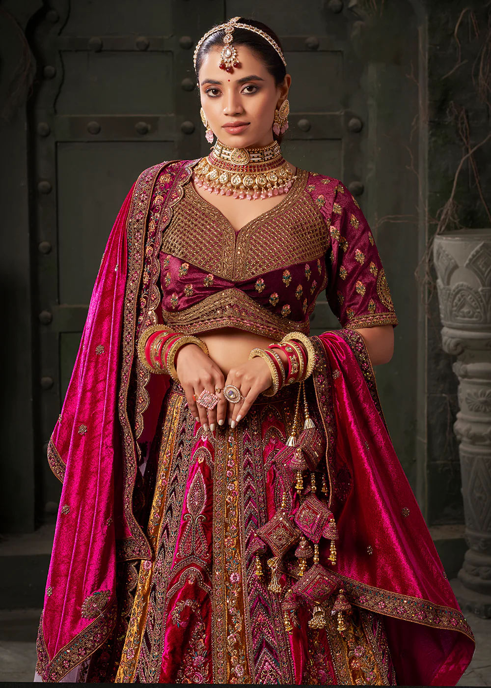 Rani & Mustard Premium Lycra Velvet Bridal Lehenga Choli - Image 2