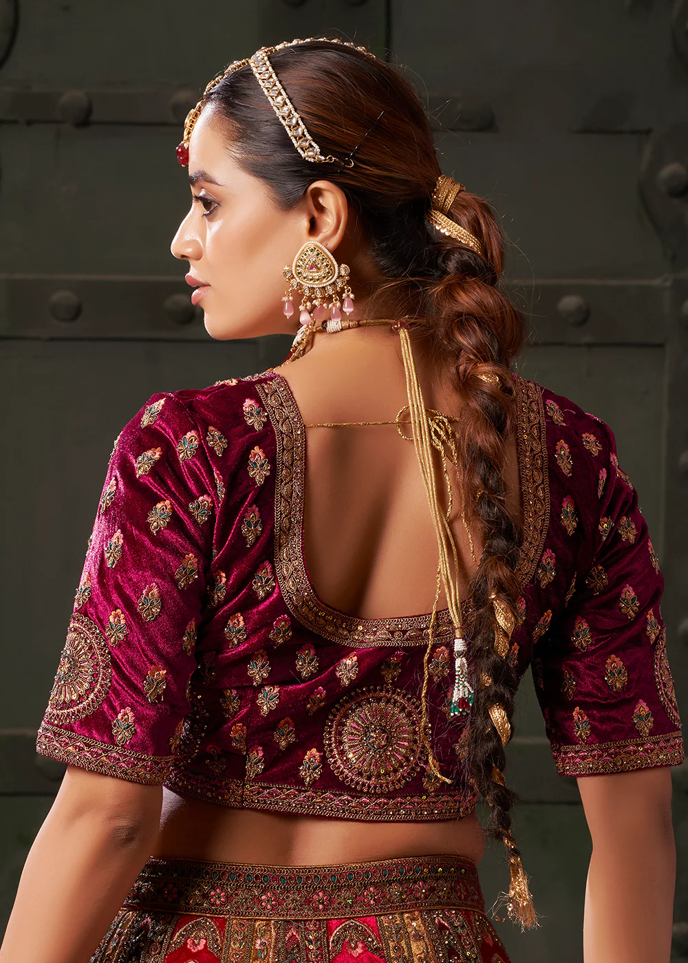 Rani & Mustard Premium Lycra Velvet Bridal Lehenga Choli - Image 6