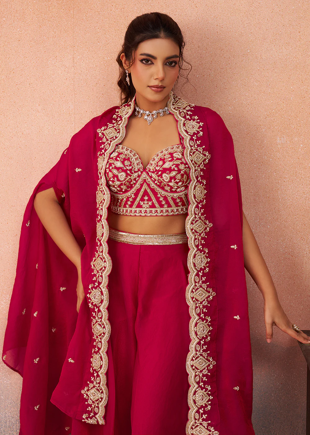 Rani Organza Indo Western Crop Top with Flared Cape - Image 2