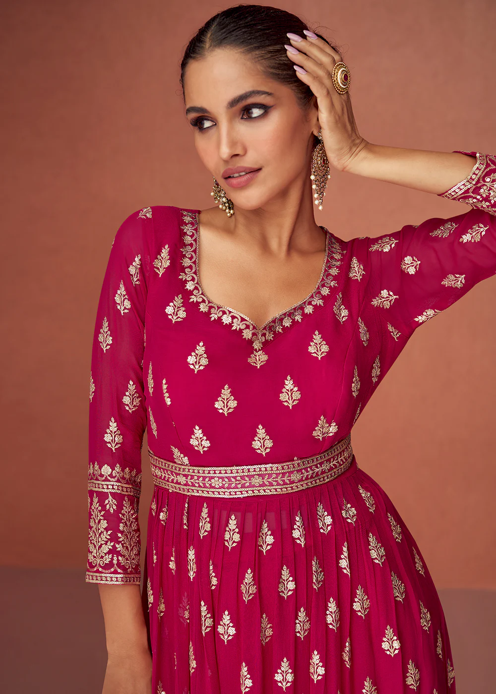 Rani Pink Anarkali Style Embroidered Palazzo Style Suit - Image 2