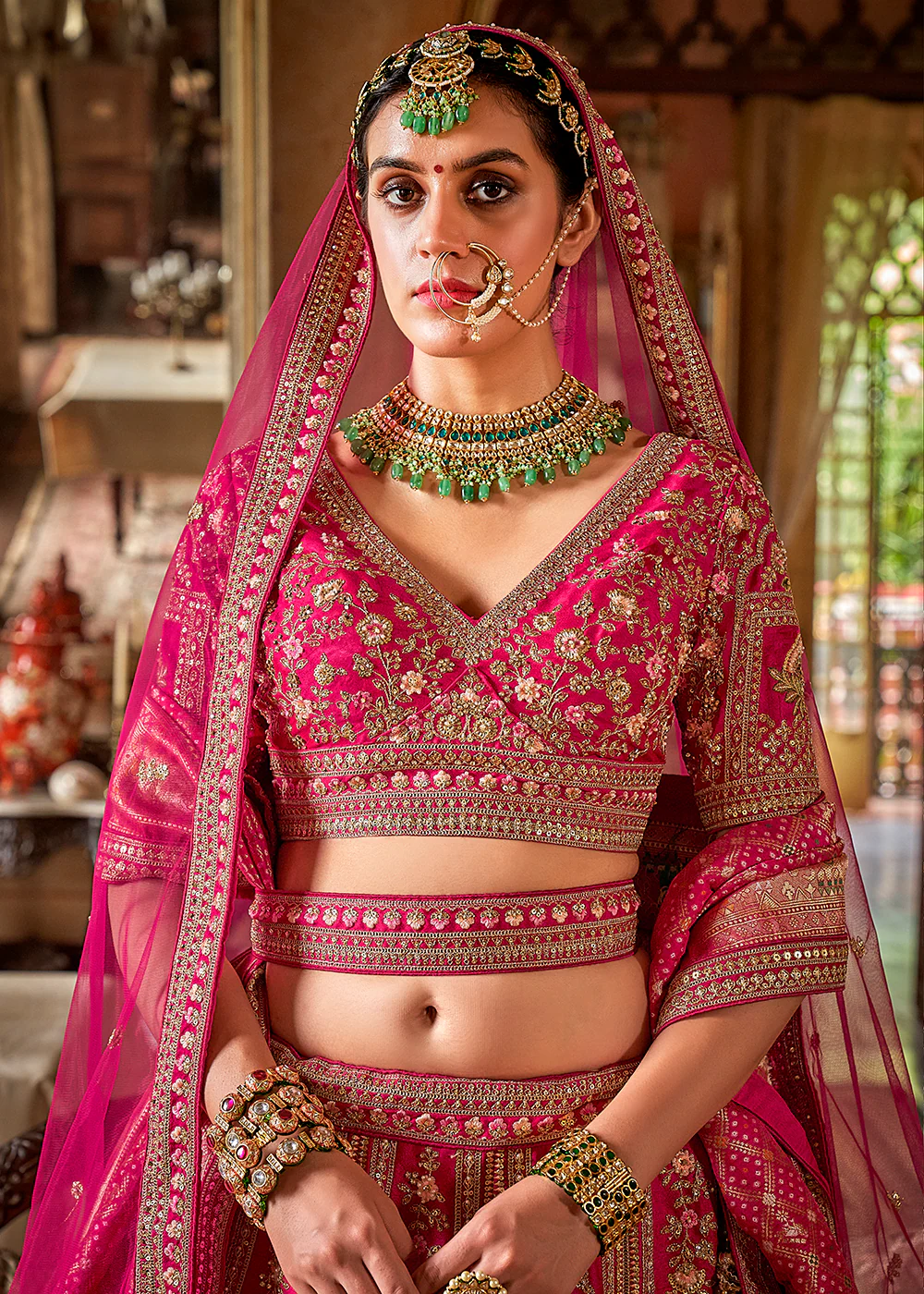 Rani Pink Bridal Silk Sabyasachi Inspired Lehenga Choli - Image 2