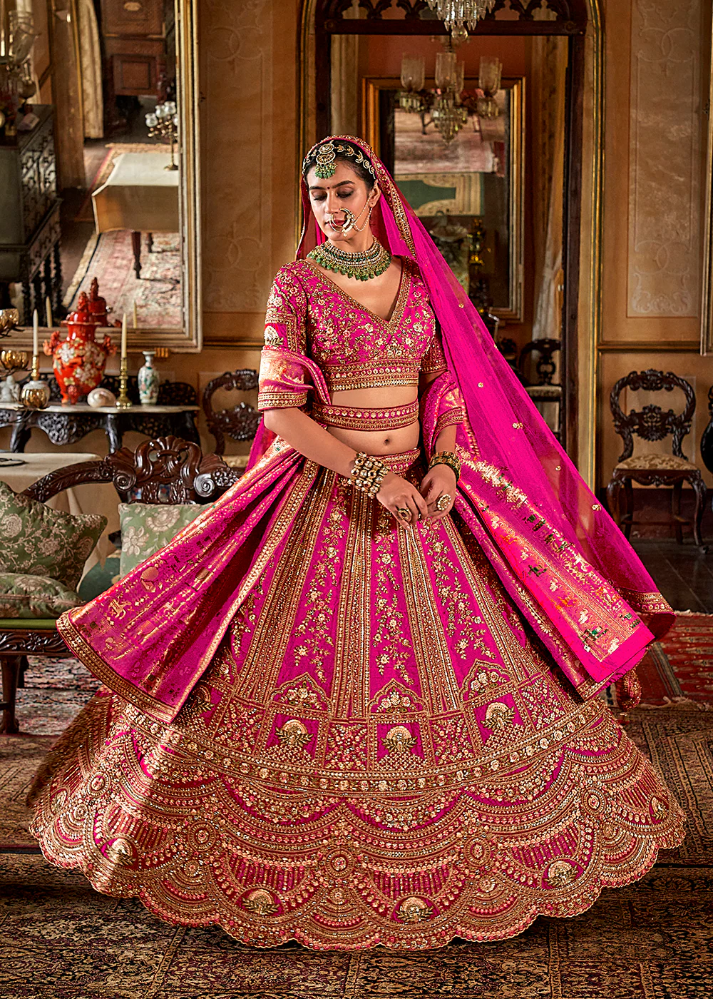 Rani Pink Bridal Silk Sabyasachi Inspired Lehenga Choli - Image 3