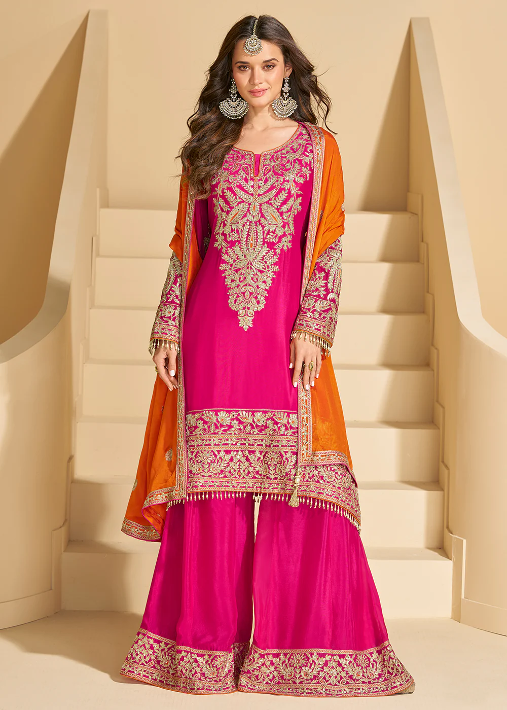 Rani Pink Chinnon Silk Palazzo Style Suit