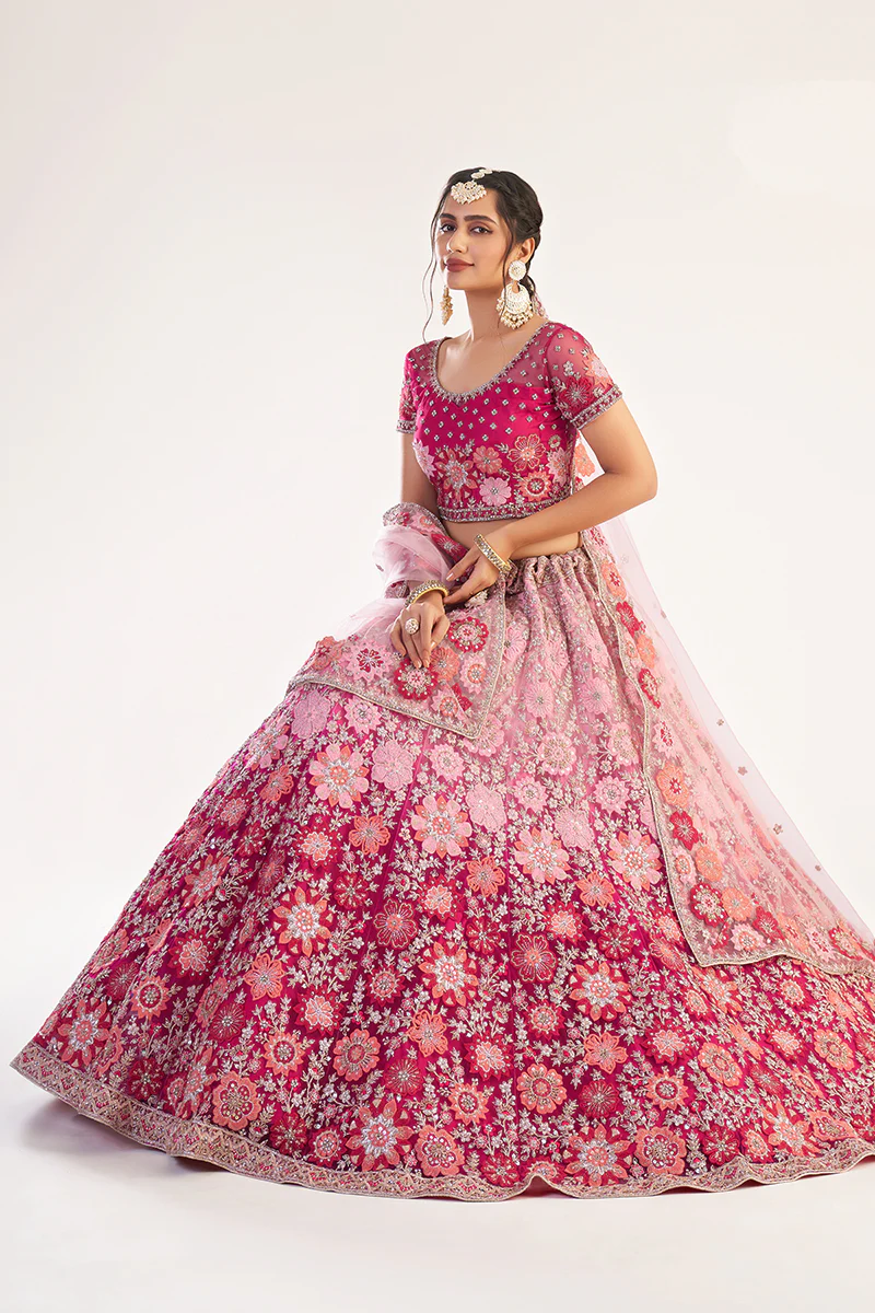 Rani Pink Designer Bridal Heavy Embroidered Lehenga Choli - Image 4
